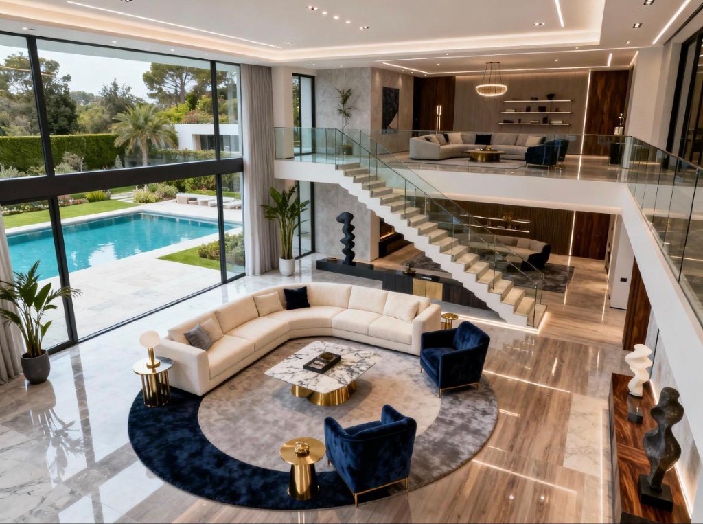 Luxury residential lobby with staircase and pool view — Modnest hospitality project