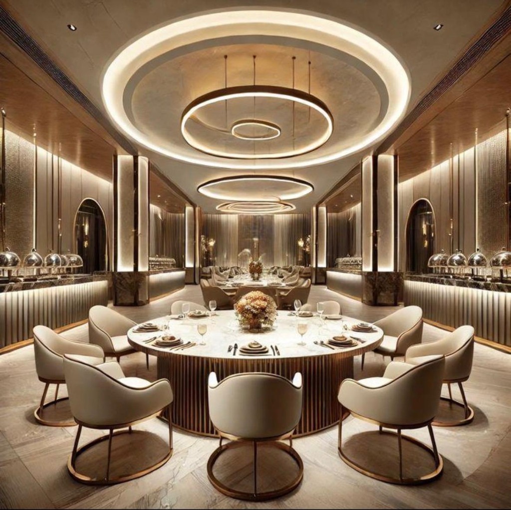 Elegant restaurant dining area with circular lighting — Modnest hospitality project