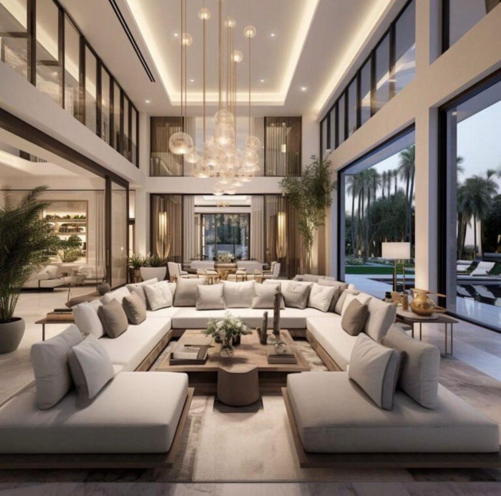 Spacious lounge with modern chandelier and garden view — Modnest hospitality project