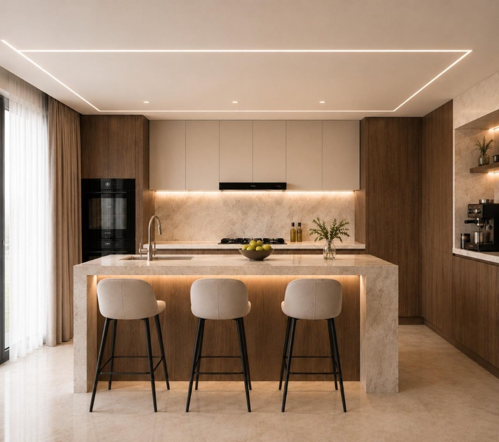 Premium kitchen interior with marble island and warm wood cabinetry
