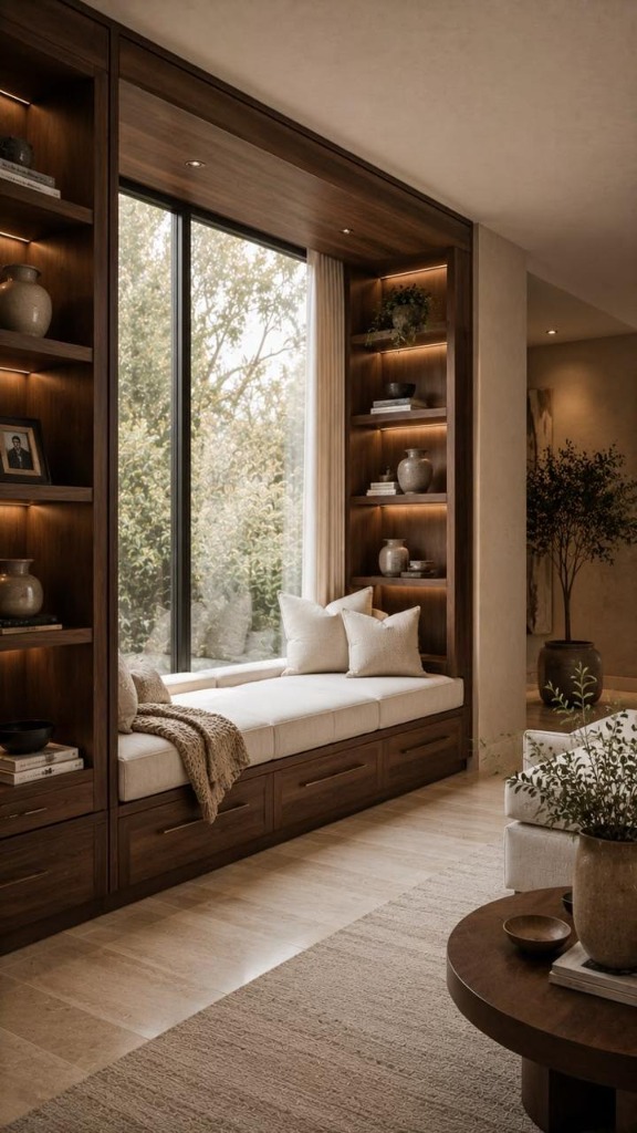 Cozy reading nook window seat with built-in wooden bookshelves — Modnest residential project