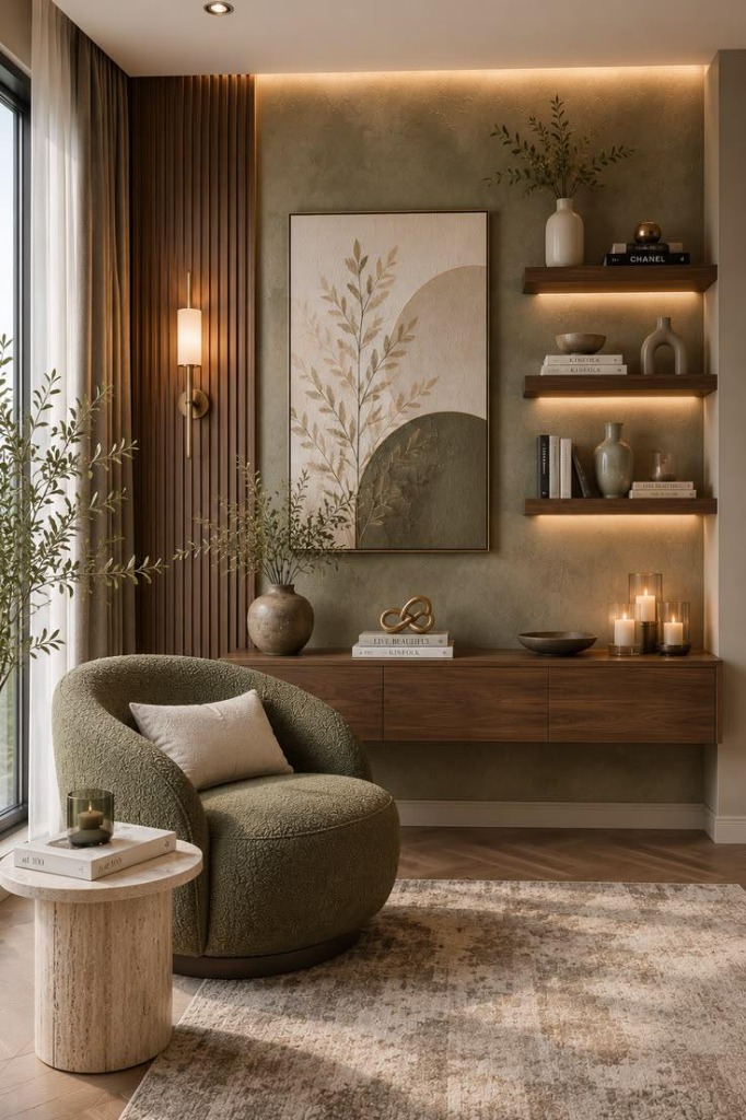 Elegant living room corner with textured green armchair and floating shelf decor — Modnest residential project