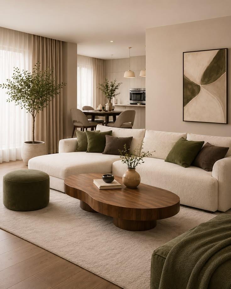 Modern minimalist living room with cream sectional sofa and olive green accents — Modnest residential project