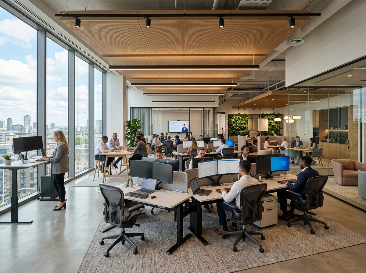 Modern commercial office space interior design with open-plan layout