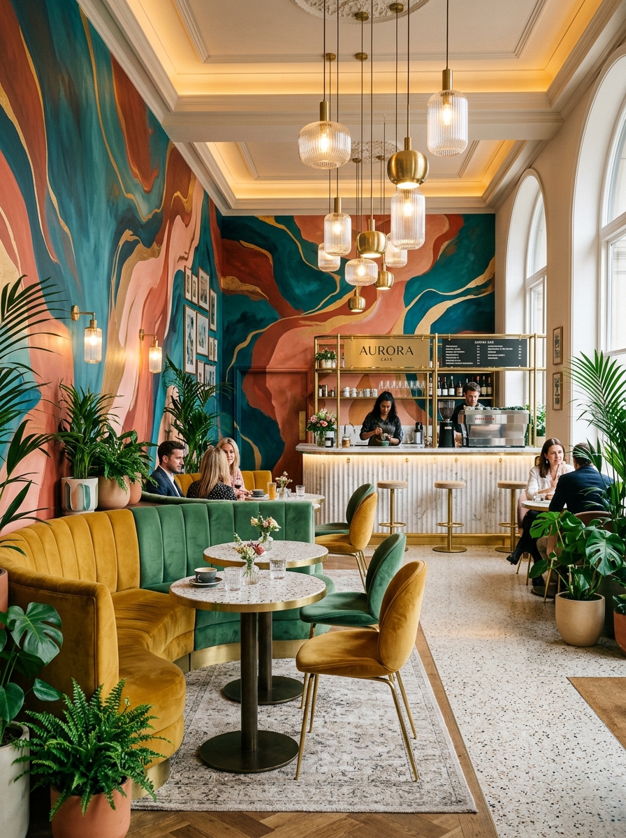 Premium boutique cafe interior design with vibrant colorful wall and luxury seating