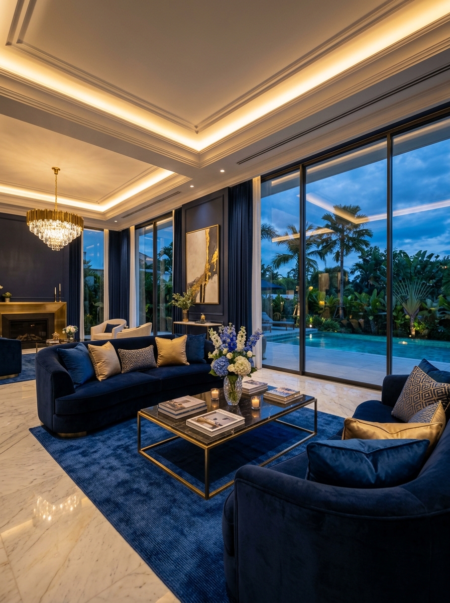 Luxurious villa resort living room interior design in premium blue theme